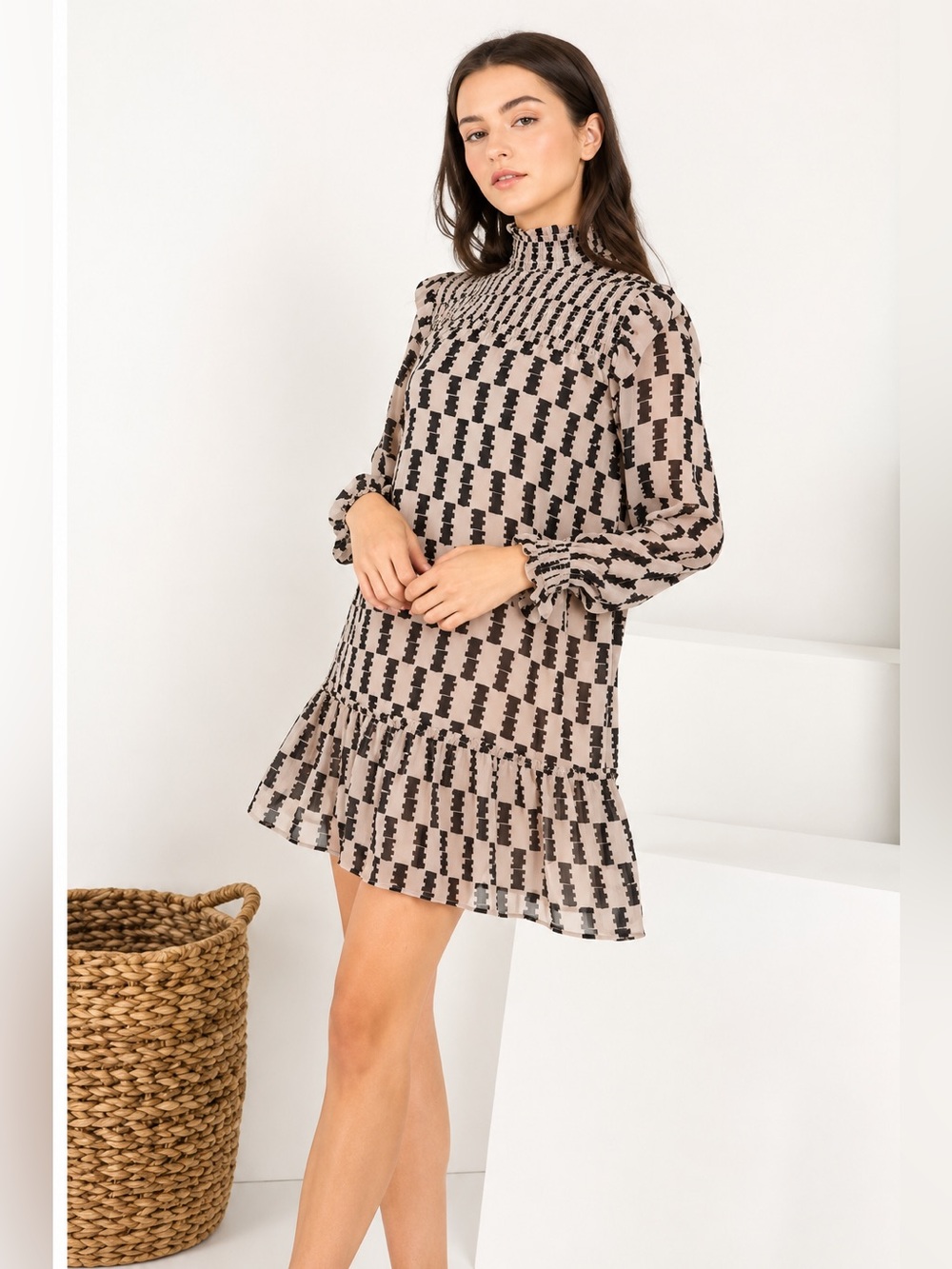THML Smocked, Ruffled minidress in Navy / cream geometric print Size M